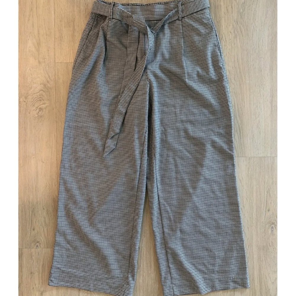 Zara Trf Belted Wide Leg Plaid Culotte Crop Trousers Elastic Tie Waist Pants M